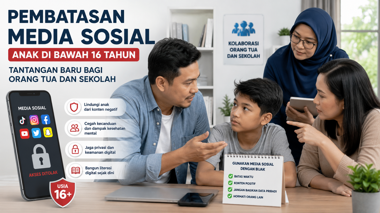 Ilustrasi orang tua dan guru mendampingi anak dalam penggunaan media sosial sebagai bagian dari pembatasan media sosial anak di bawah 16 tahun untuk meningkatkan keamanan dan literasi digital.